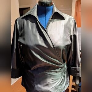 Sleek Black Satin Wrap Blouse